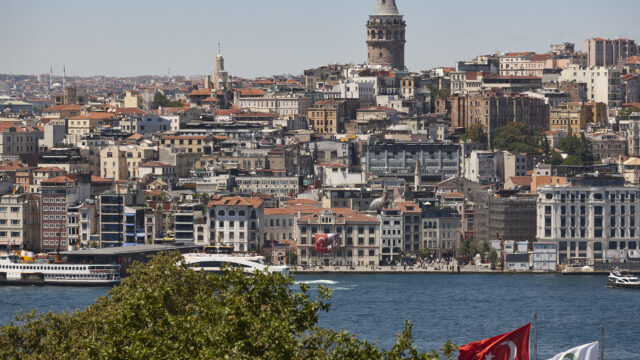 Galata tower and bosphorus strait in Istanbul skyline. Turkey